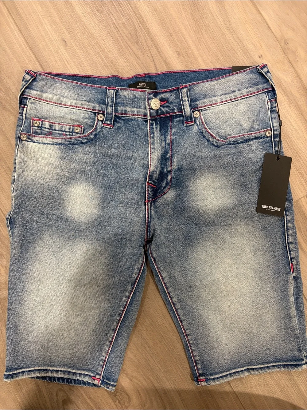 True Religion Light Wash Denim Shorts with Pink Accents